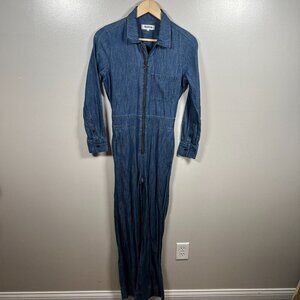 Madewell Coveral Jumpsuit Size XS Linen Blend Zip Front Wide Leg Blue